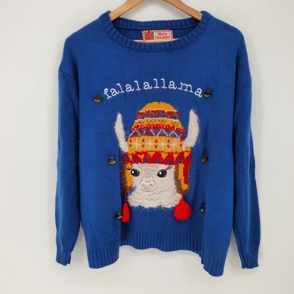 Holiday Time Sweaters - Lllama Ugly Christmas Sweater Bells Blue Festive Holiday Long Sleeve Knit L/XL